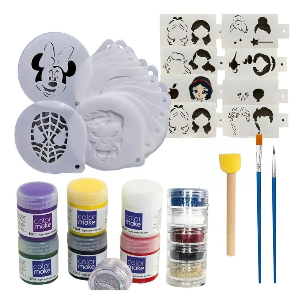 Kit 24 Stencil para Pintura Facial corporal + Tintas + 2 Pincéis + 1 Glitter + batedor