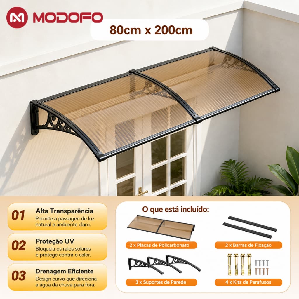 MODOFO Toldo para área externa grande Toldo Policarbonato Modular Portas Janelas 60cmx200cm/80cmx200cm/80cm*150cm