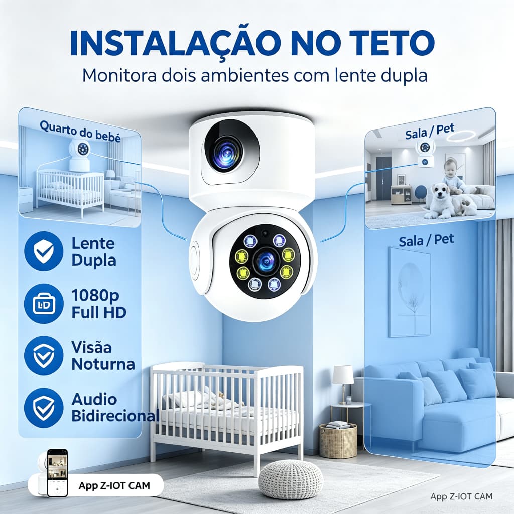 Câmera Lâmpada A11 Dupla Lente 1080P WiFi 360° Visão Noturna Microfone APP