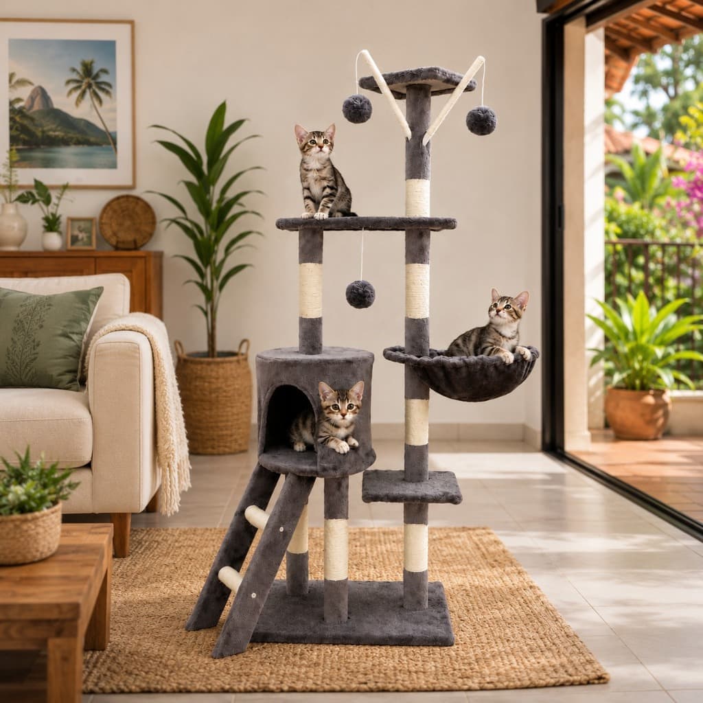 Mega Torre Arranhador Gato 138cm Vertical, Sisal Parede, Torre Completa Cinza c/ Acessórios