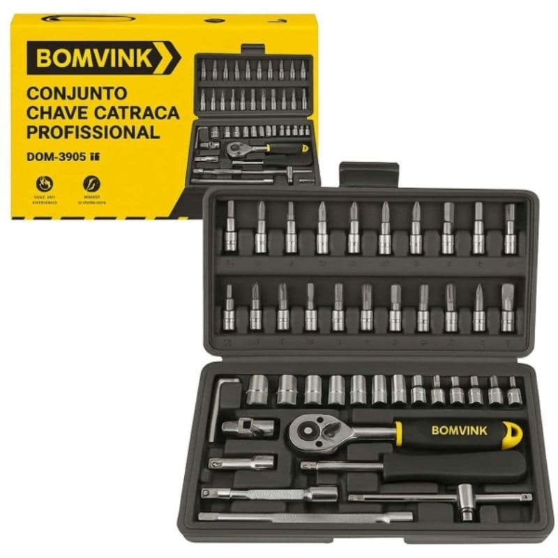 KIT DE SOQUETES 46 PEÇAS C/ CATRACA REVERSÍVEL 1/4 E MALETA PROFISSIONAL BOMVINK
