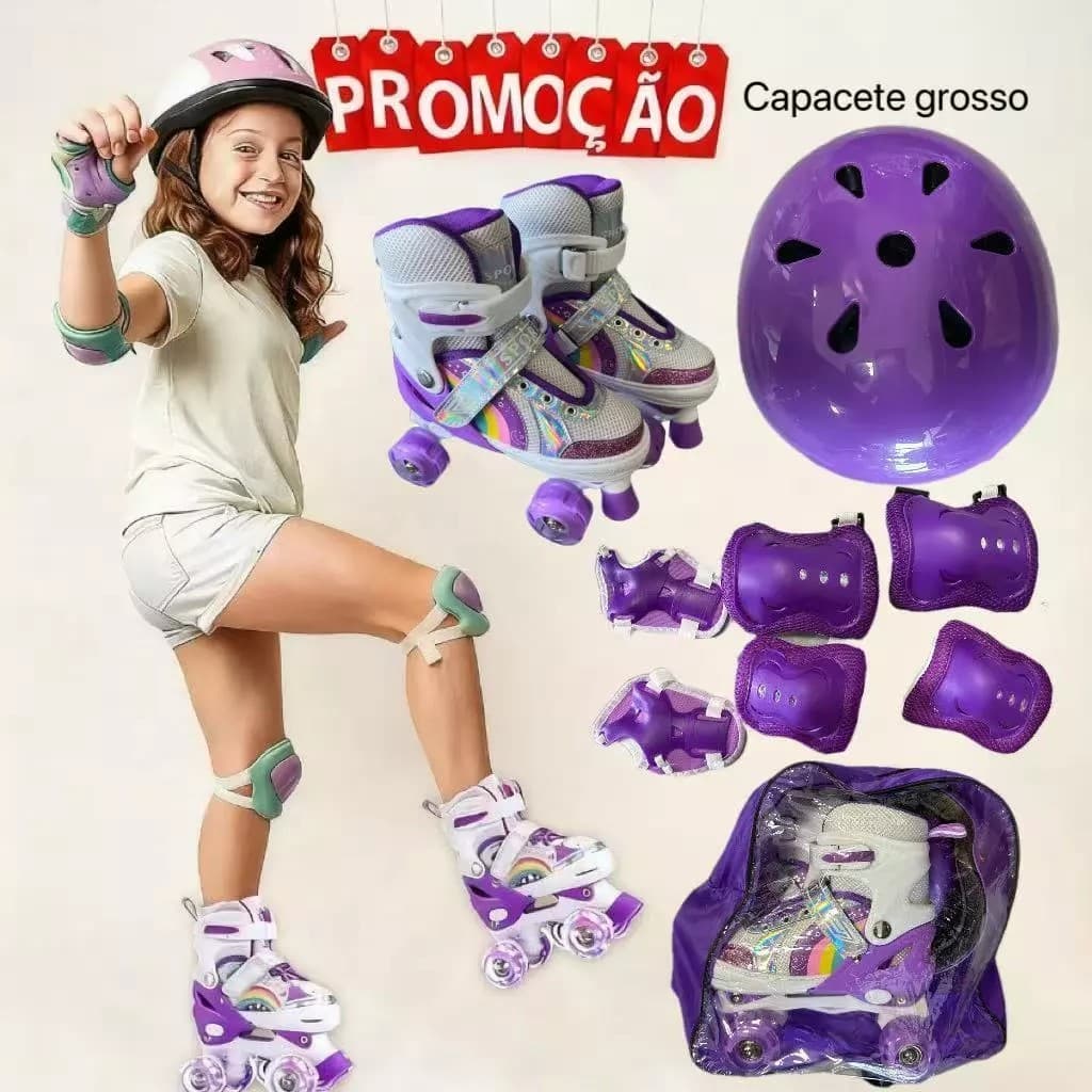 Patins Infantil Quad 4 Rodas LED Ajustável, Kit Proteção Menino Menina Iniciante