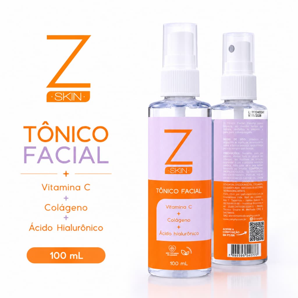 Zanphy Tônico Facial Vitamina C 100ml Limpeza de Pele Skincare Tonificação Facial