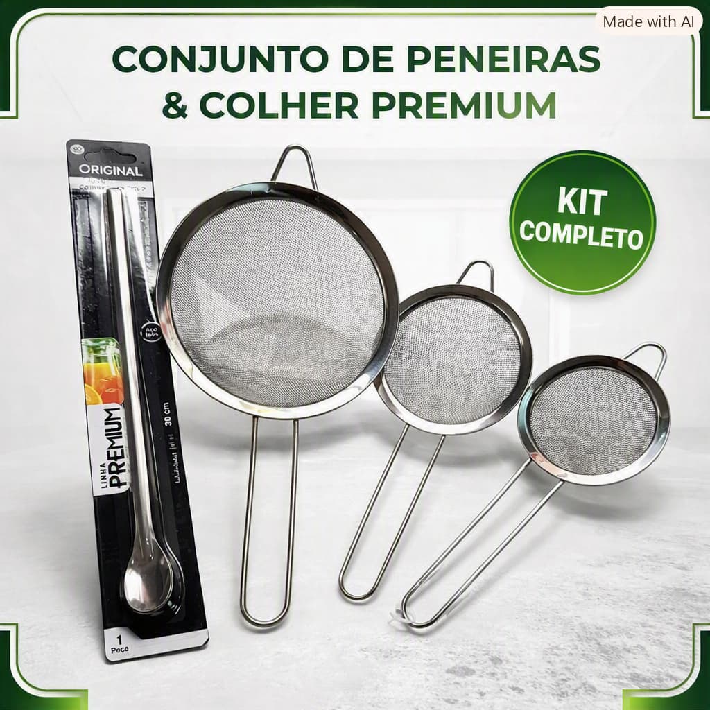 Kit Suco 3 Peneiras com Colher Bailarina em Aço Inox Tamanhos P M G Coar Peneirar Dia a  Dia Funcional