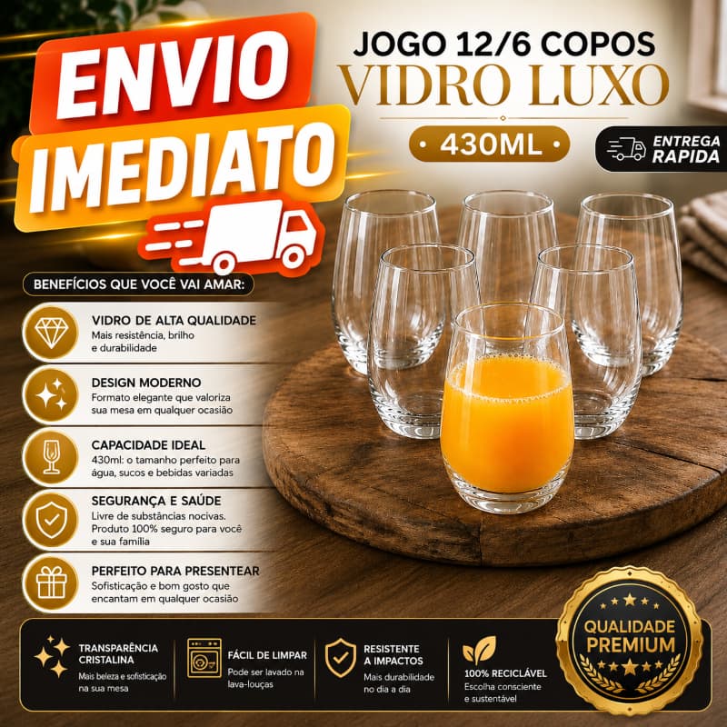 Jogo 12/6 Copos Luxo Vidro 450ml Long Drink Aruba - Resistente