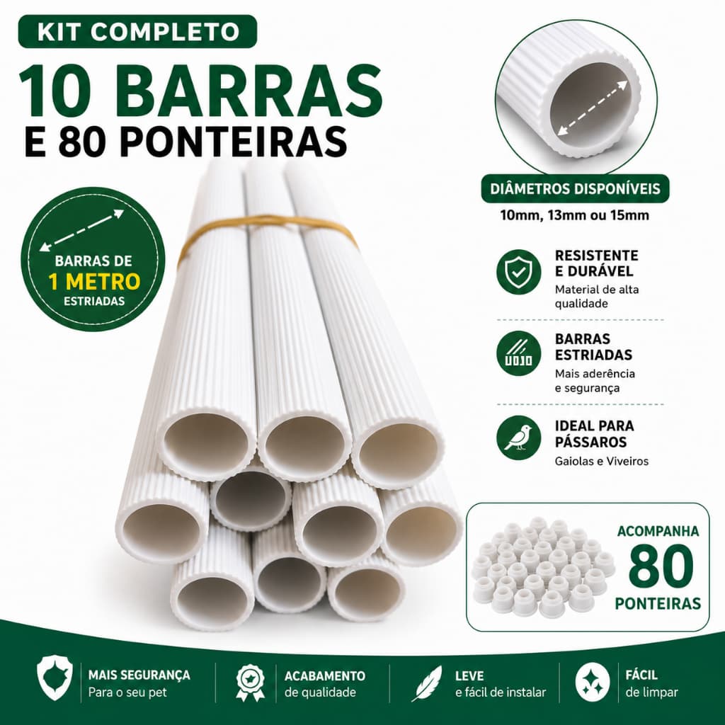 Poleiro Plástico para Gaiola Kit 10 Barras de 1 Metro + 80 Ponteiras