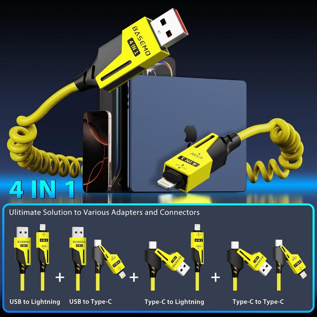 Cabo Carregamento Rápido 4 em 1 Retrátil Tipo C USB Lightning Retrátil iPhone Android 65W 1.5M