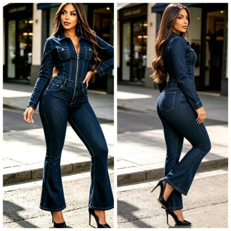 Macacão Flare Manga Longa Jeans Feminino Ajuste Perfeito