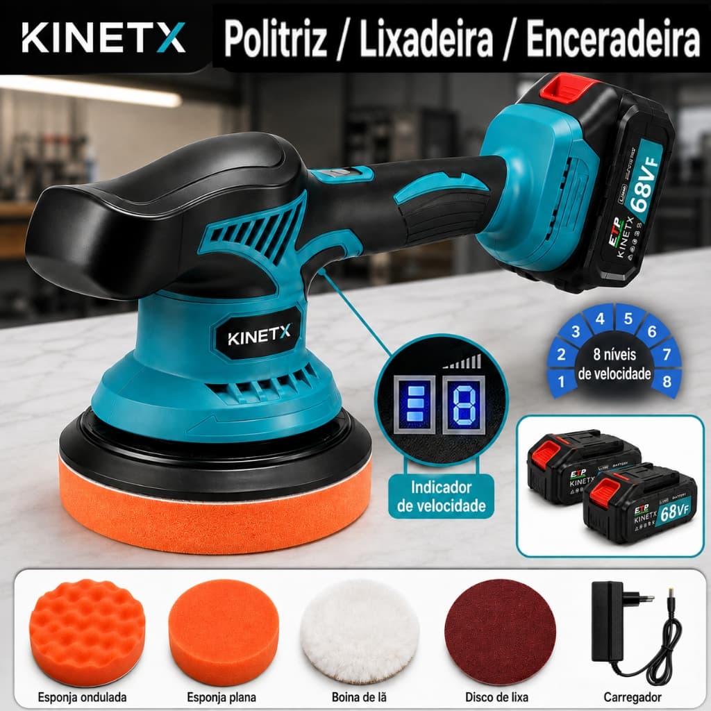 Politriz Lixadeira Orbital Sem Fio 68VF Bivolt Com 2 Baterias e Acessórios Automotiva esmerilhadeira lixadeira KINETX