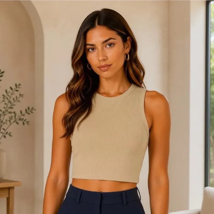 Cropped Feminino Canelado Regata Básico Gola Redonda Casual Tecido Confortável Premium