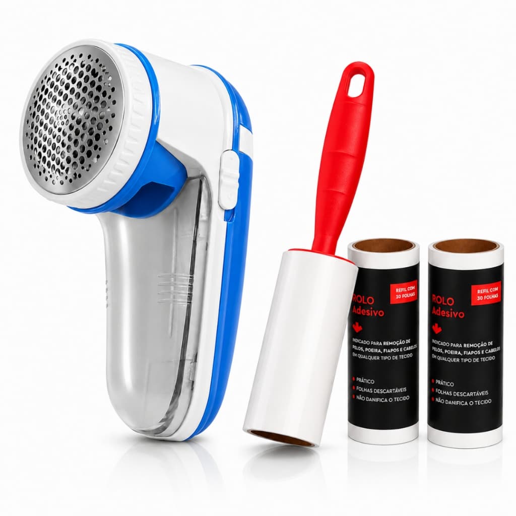 Kit Papa Bolinhas Removedor de Pelos Roupas + Rolo Adesivo Tira Pelos com 2 Refis 90 Folhas e Pilhas AA