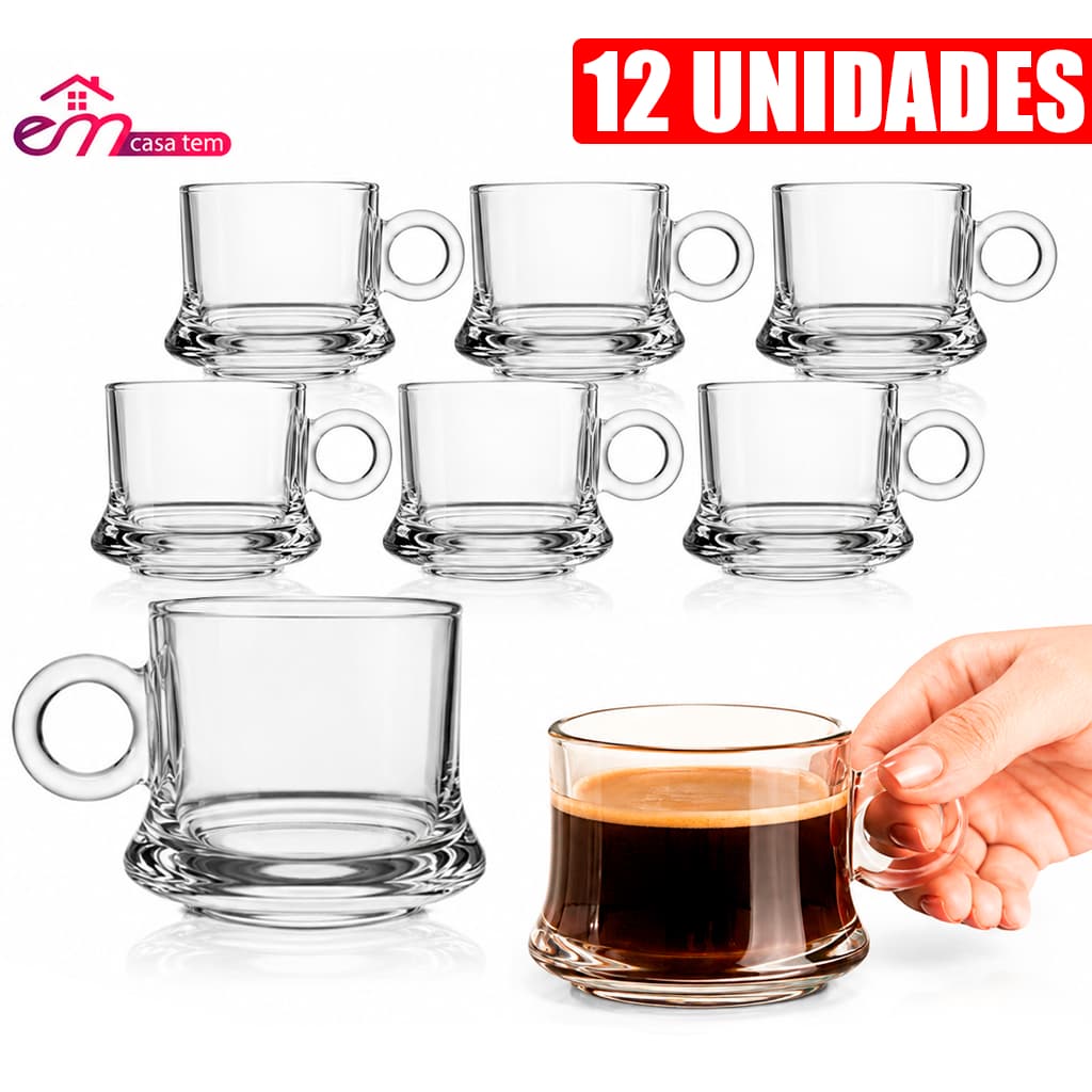 Jogo 12 Xícara Robusta Lisa Vidro Brilhante 85ml Caneca Alça Café Mesa Posta Elegancia