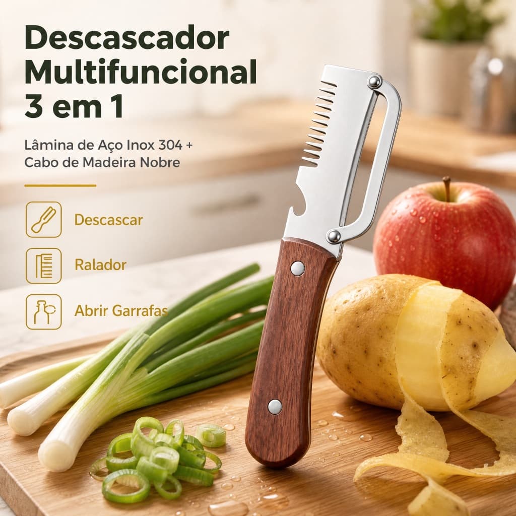 2 Peças Descascador de Legumes Multifuncional em Aço Inox com Cabo de Madeira e Abridor de Garrafas