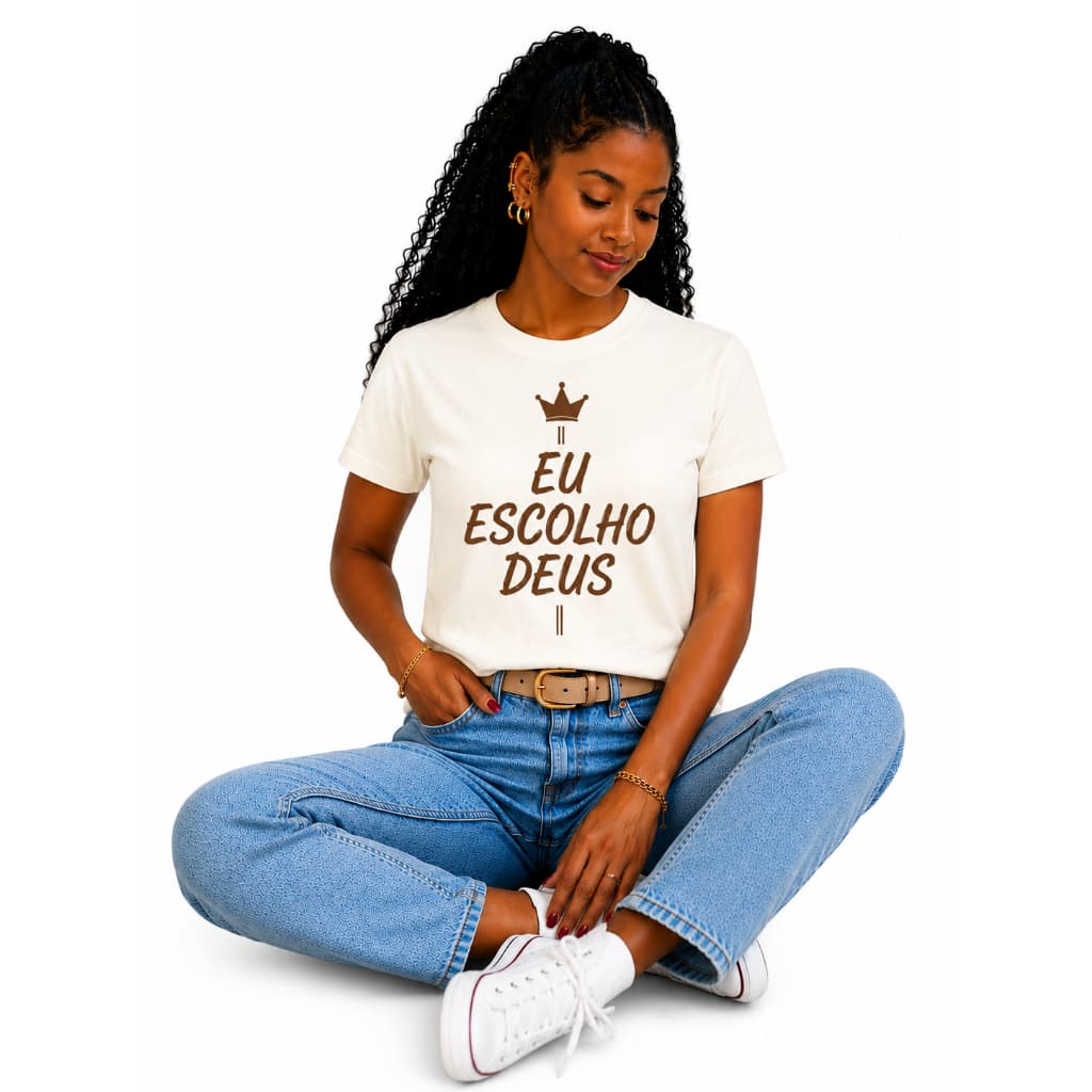 Blusa Feminina Estilosa 100% algodão T-Shirt Cristã Estampada Eu Escolho Deus Camiseta Evangelica Manga Curta