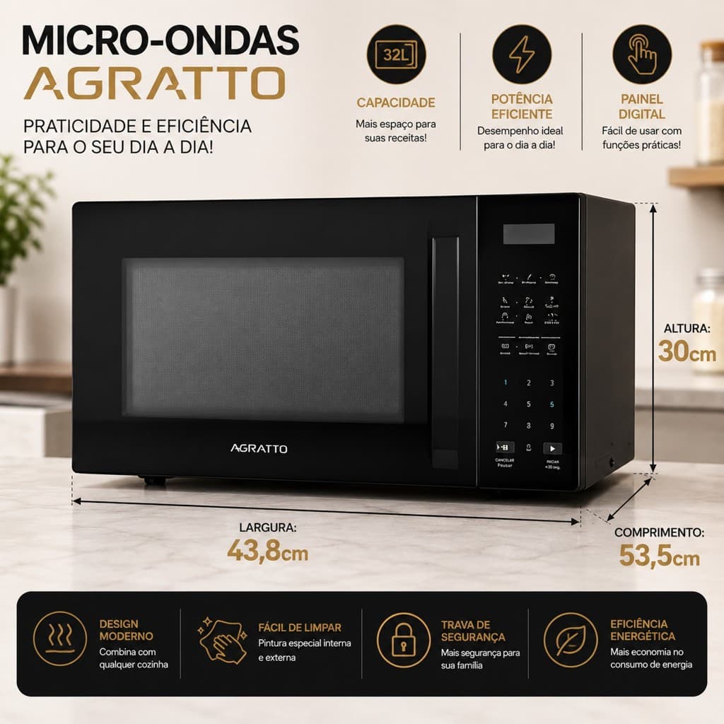 Microondas Agratto 32 litros Preto 1400w 127v