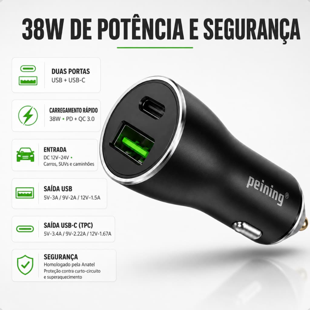 Carregador Veicular Turbo 38w Carregamento Rápido Entradas USB+TPC Cor Preto