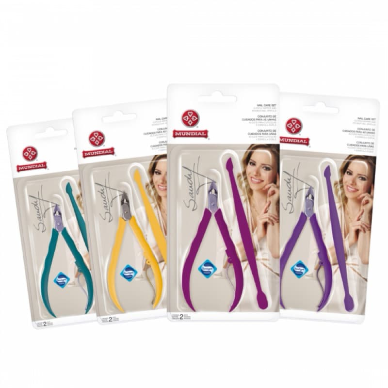 Kit Alicate de Cutícula Mundial Sandy com Palito 02 Peças Cores Variadas para Manicure Pedicure Cuidado Diário das Unhas