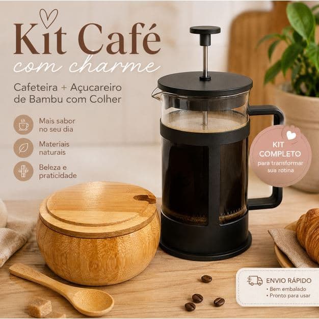 Kit Cafeteira Francesa 300ml Prensa Francesa + Açucareiro Bambu com Colher Café Chá