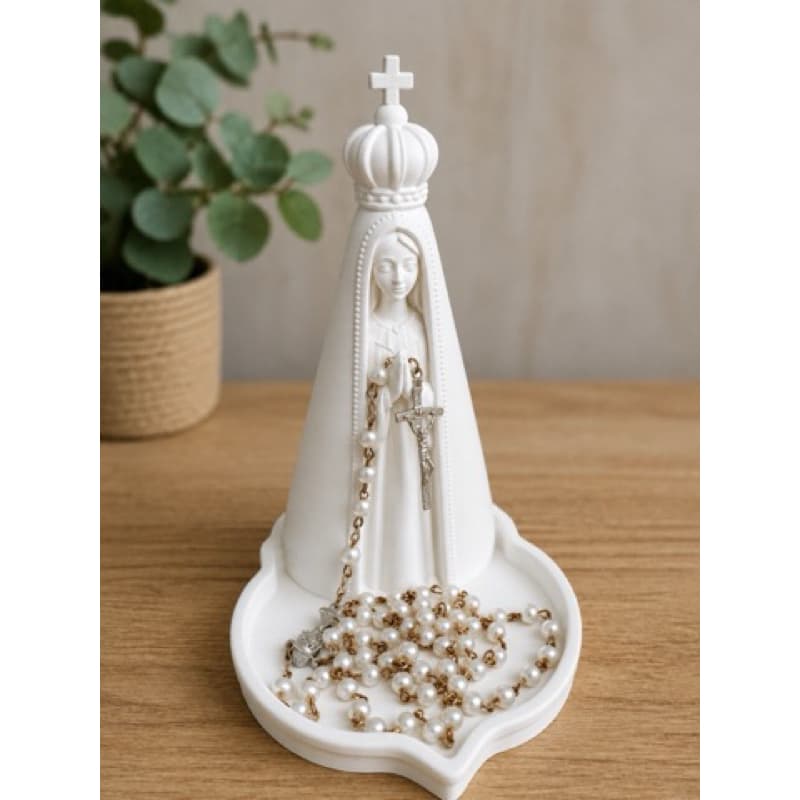 Porta Terço Nossa Senhora de Fátima com Bandeja Prato Imagem Religiosa Católica Branca Decorativa Cantinho da Oração