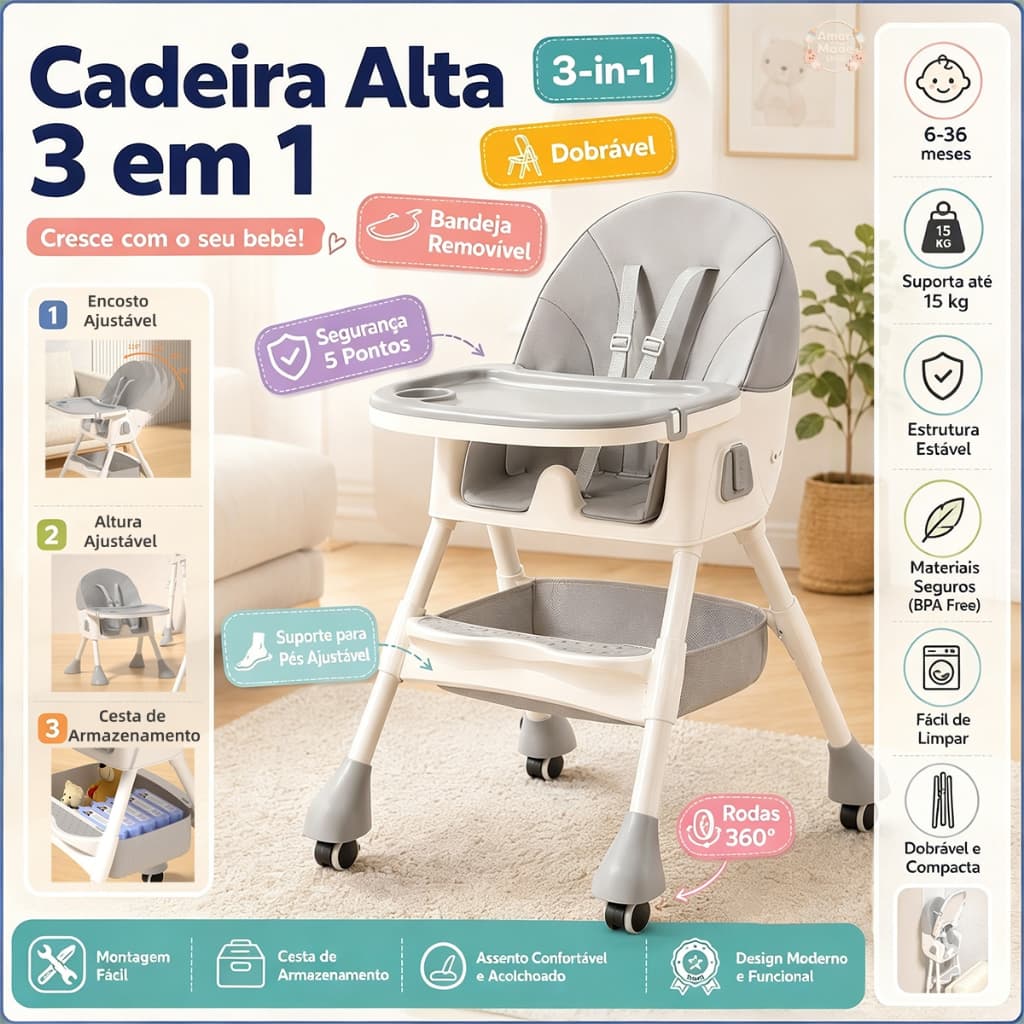Cadeira De Alimentação Portátil Bebê Multifuncional Com Mesa