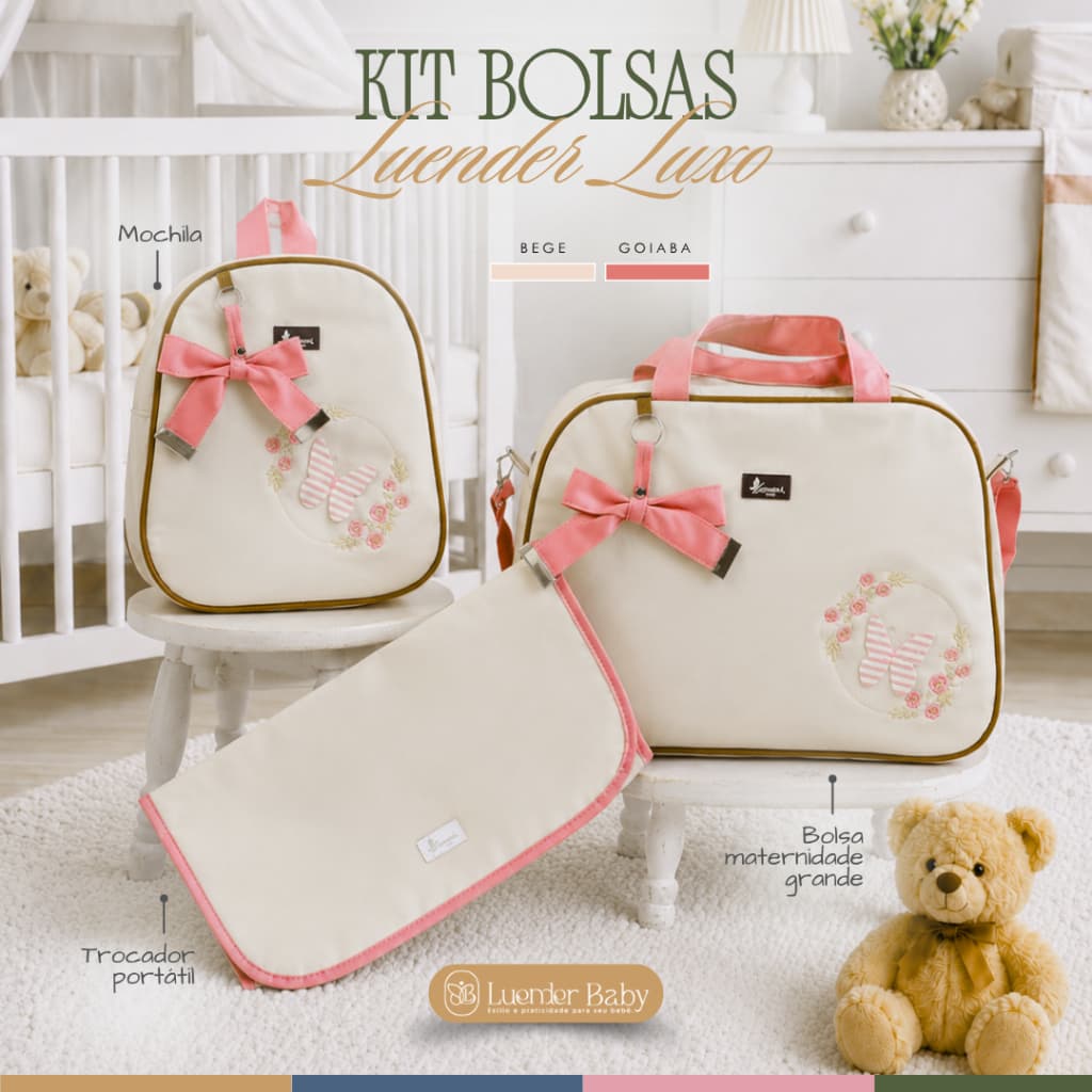 Kit Bolsa Maternidade Luxo 3 Peças Borboleta com Laço Enxoval Completo de Bebê Menina Mala Maternidade Luender Baby