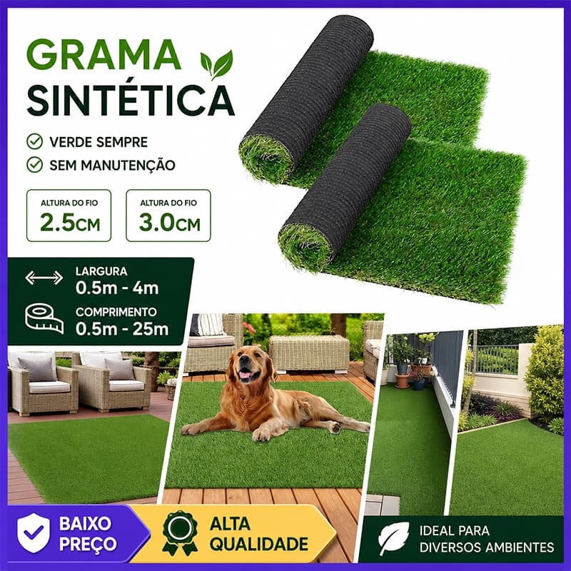 Grama Sintética Artificial 25mm 3,5x1m | Grama Verde Para Jardim, Quintal E Área Externa – Tapete Artificial Natural