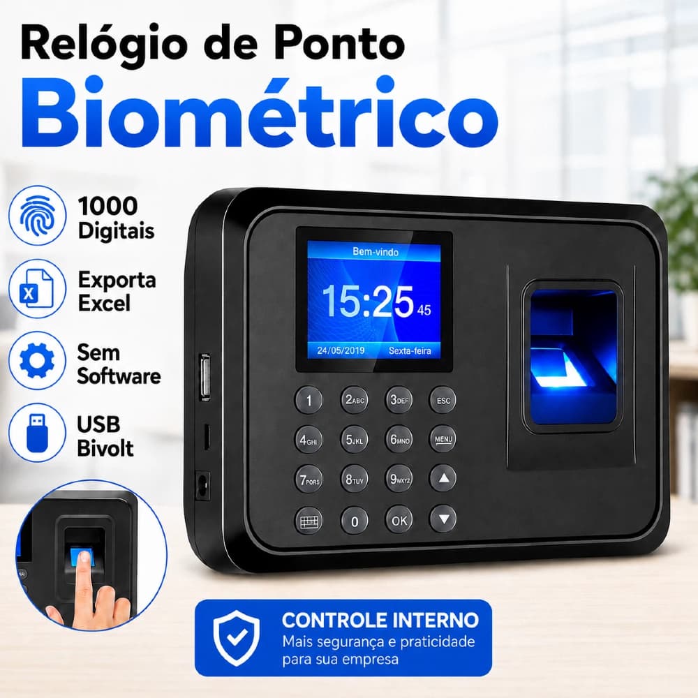 Relógio de Ponto Biométrico Digital USB Exporta Excel Sem Software 1000 Digitais LCD Bivolt Controle Interno