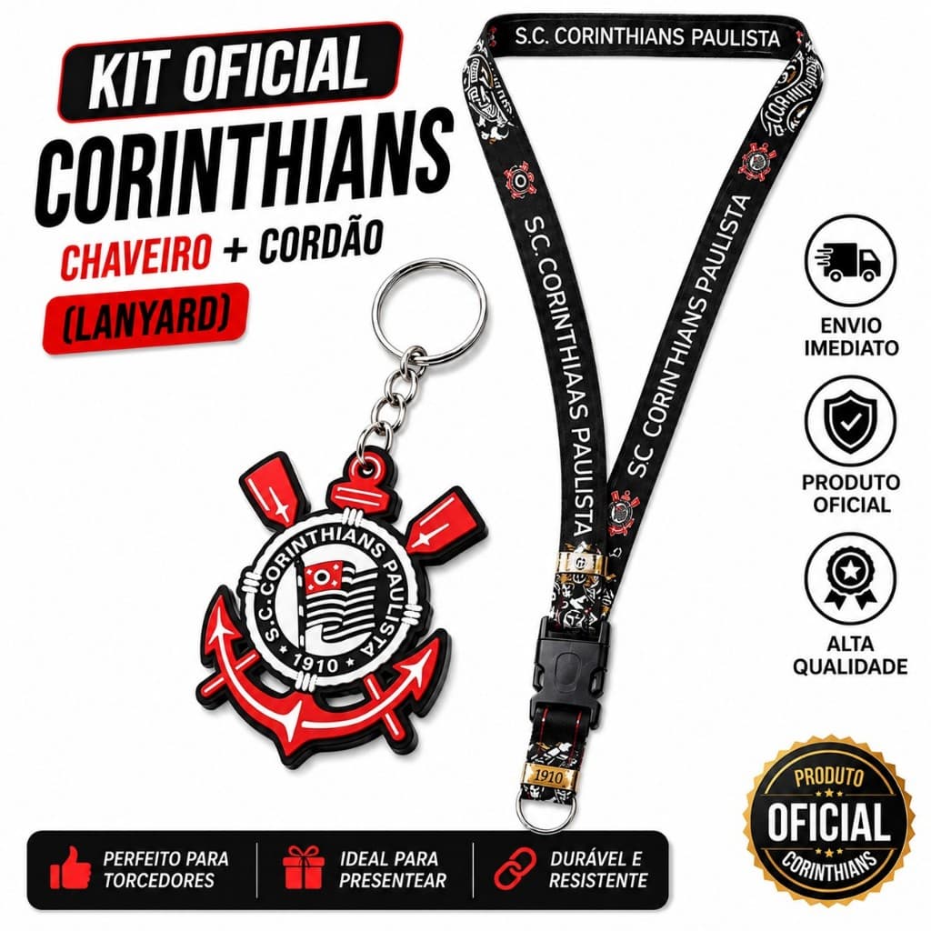 Kit Corinthians Chaveiro Borracha + Cordão Lanyard Oficial Original Presente Torcedor Futebol Clube