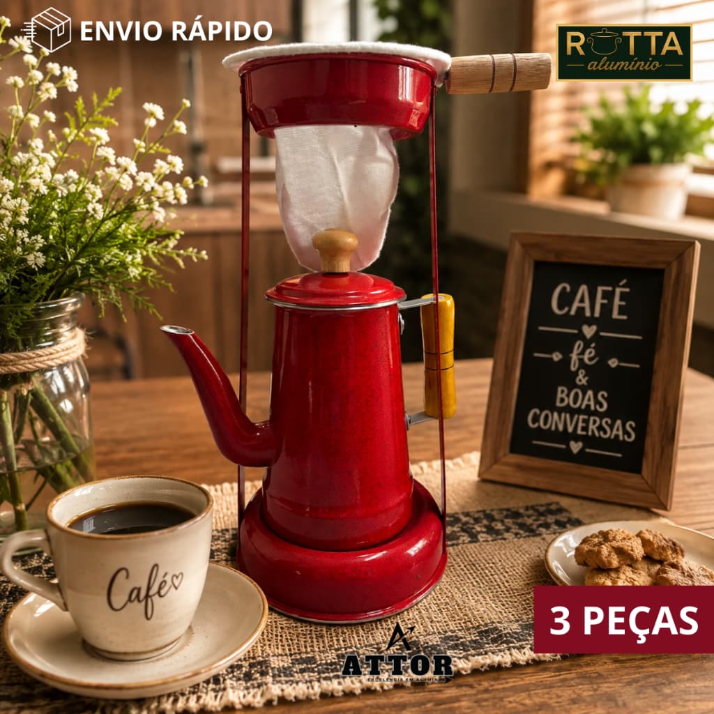 KIT MANCEBO DE CAFE BULE N8 1,35L CABO DE MADEIRA COADOR DE CAFÉ SUPORTE VELADOR PASSADOR DE CAFÉ, VINTAGE,