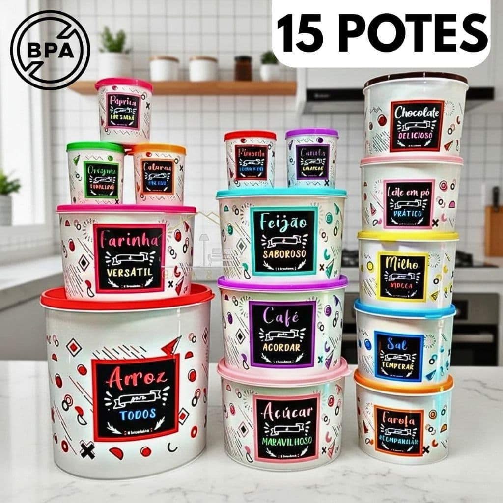 Kit 15 Potes Plásticos Porta Mantimentos e Condimentos Coloridos Organizadores Cozinha Free BPA Jogo