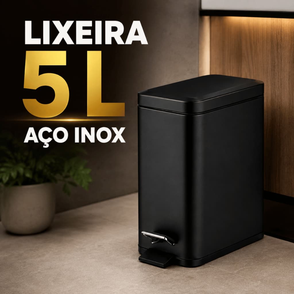Lixeira Aço Inox Retangular 5 Litros Cesto Com Pedal E Balde Removível Preta ou Branca