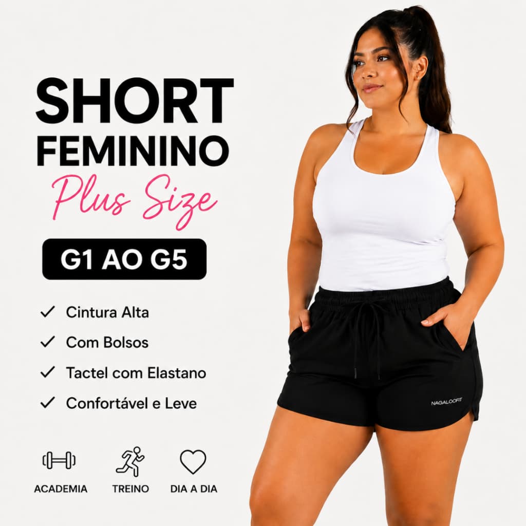 Short Feminino Plus Size G1 ao G5 Cintura Alta com Bolsos Confortável Academia