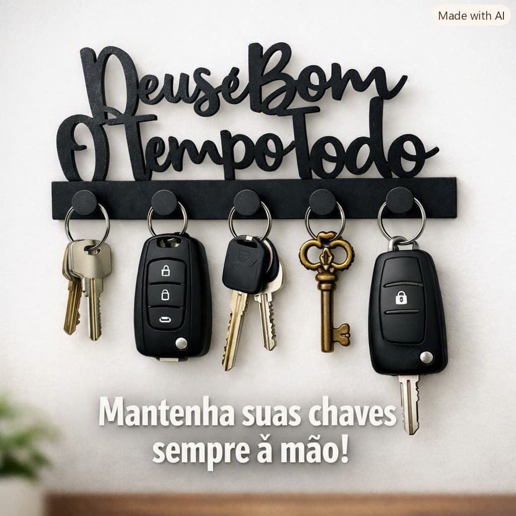 Porta Chaves Decorativo Frase Religiosa “Deus é Bom o Tempo Todo” com 5 Ganchos