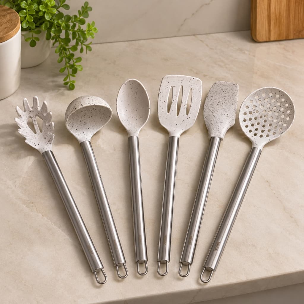 Kit Utensílios De Cozinha Silicone Grande Cabo Inox Brinox Vanilla
