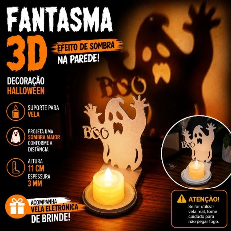 Fantasma Halloween 3D com Suporte para Vela e Efeito de Sombra na Parede