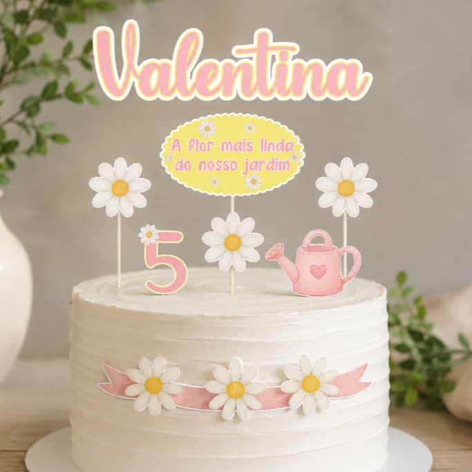 Topo de Bolo Jardim das Margaridas Personalizado com Nome e Idade | Festa Infantil