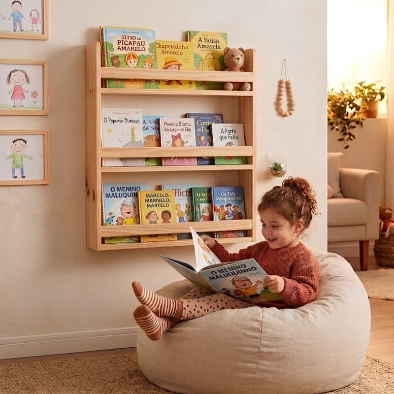 Estante Infantil de Parede Montessori em Madeira Pinus - Livreiro Porta Livros Organizador - Moveis Montesori