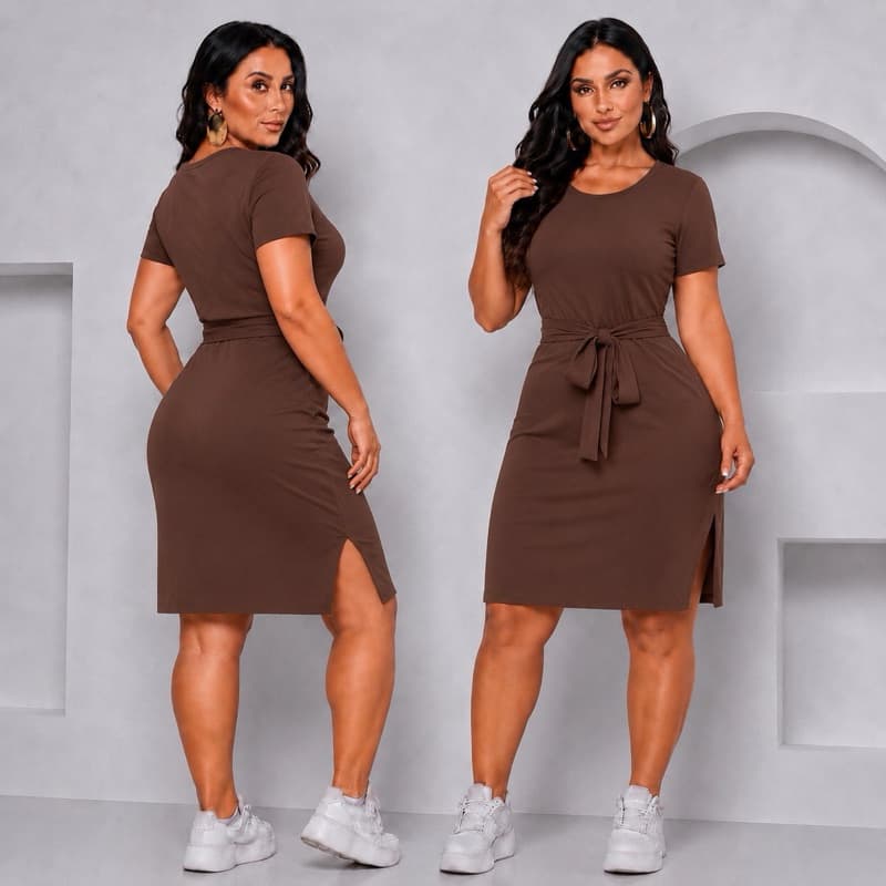Vestido mais vendido tecido confortavel Envio Rápido com Cinto casual Mid fenda lateral moda feminina verão
