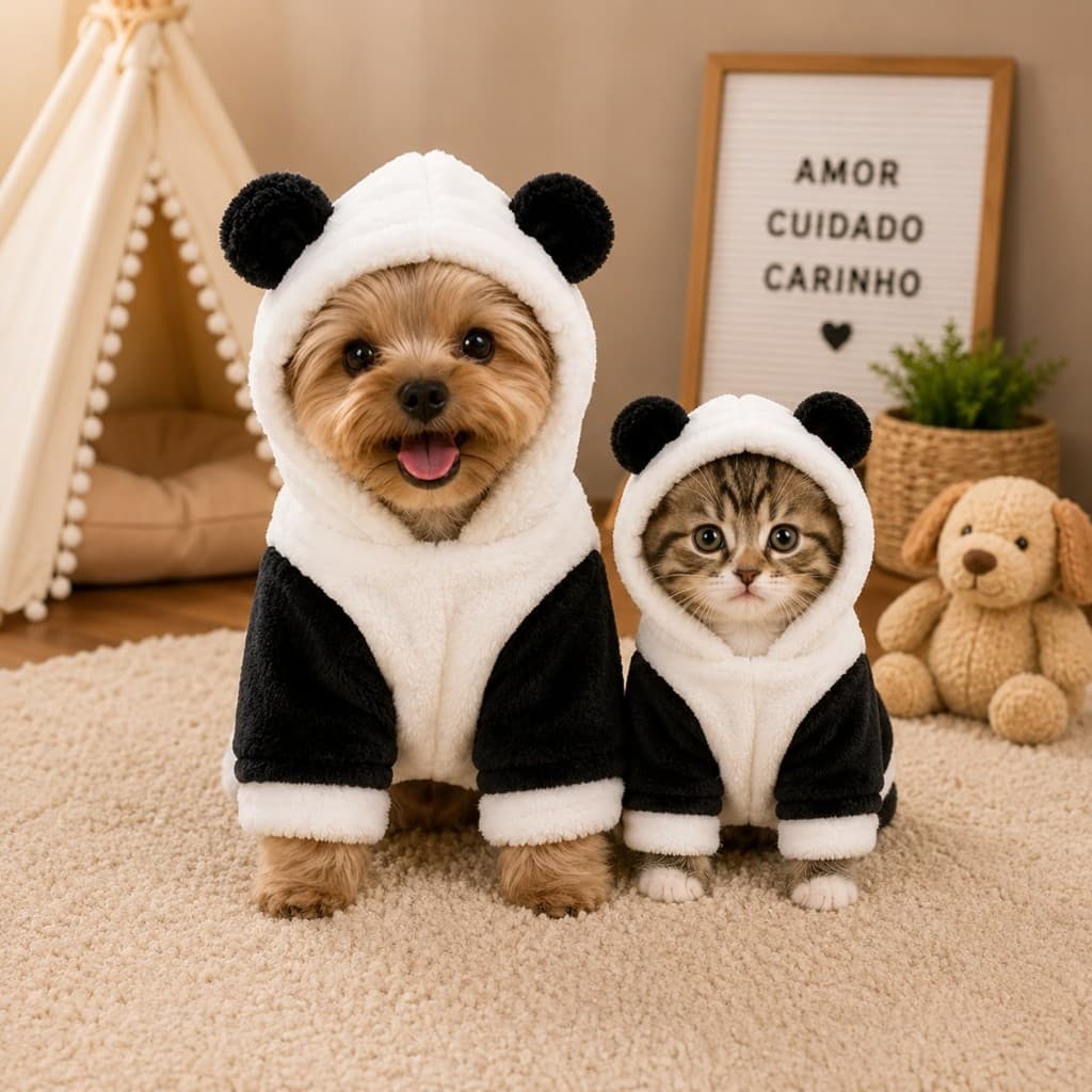 Roupa Pet Estampada Panda Confortavel Estilosa Cores Branco Cães Gatos