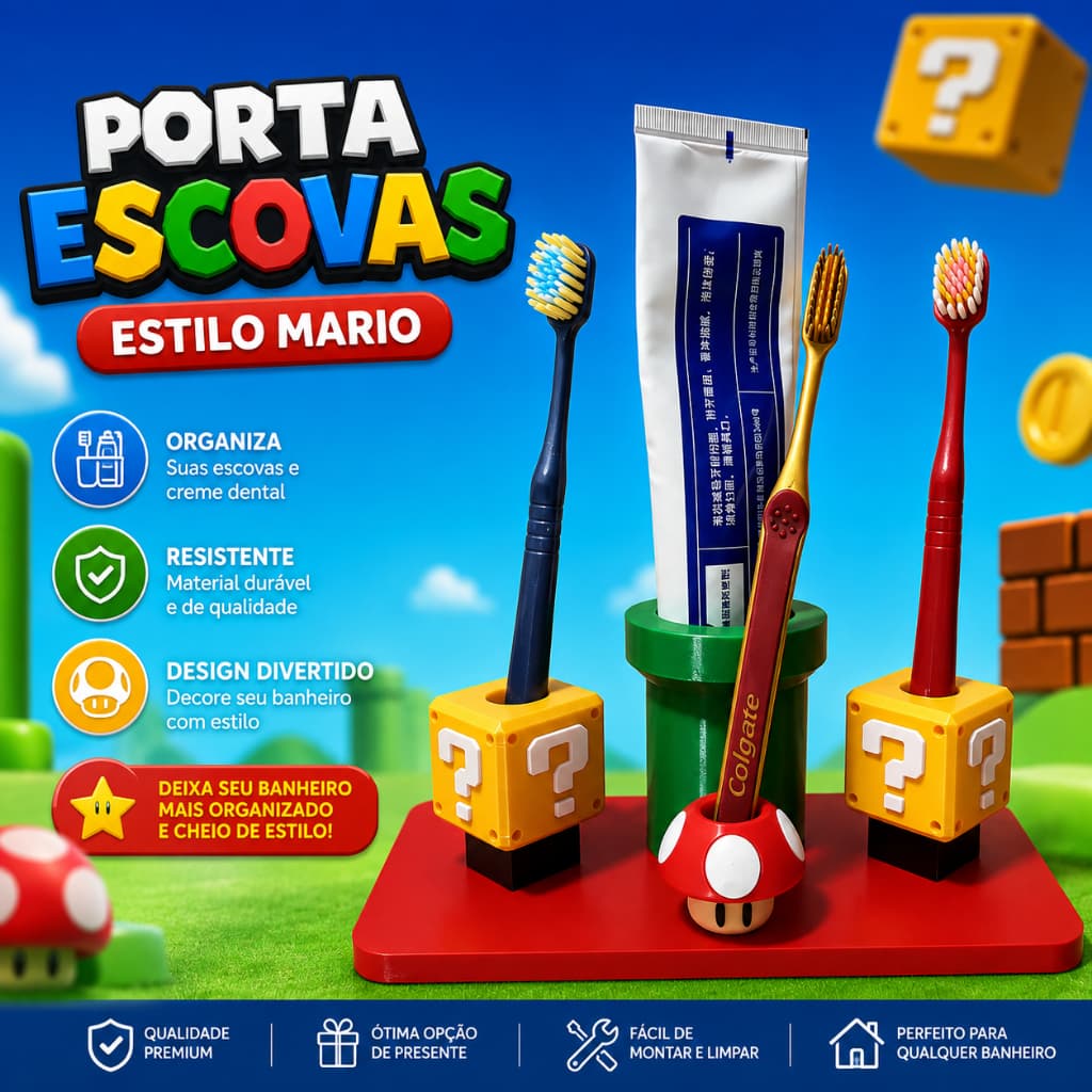 Porta Escovas de Dente Estilo Mario Gamer Organizador Banheiro com Suporte para Creme Dental porta pasta escova