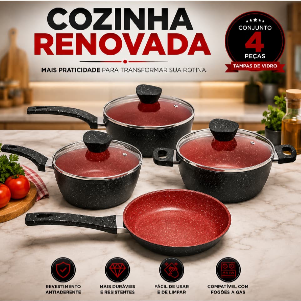 Jogo Panelas Antiaderente Com Tampa Vidro 4 Pecas Cozinha Moderna Alta Qualidade Preto Vermelho