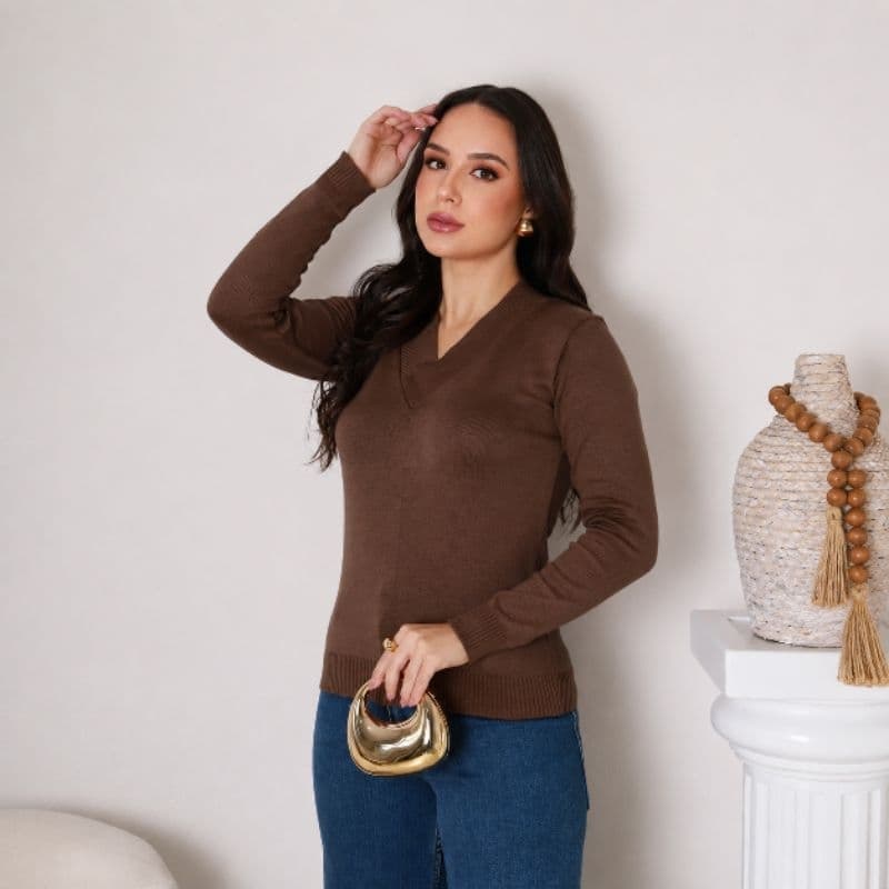 blusa feminina tricô inverno gola v manga longa
