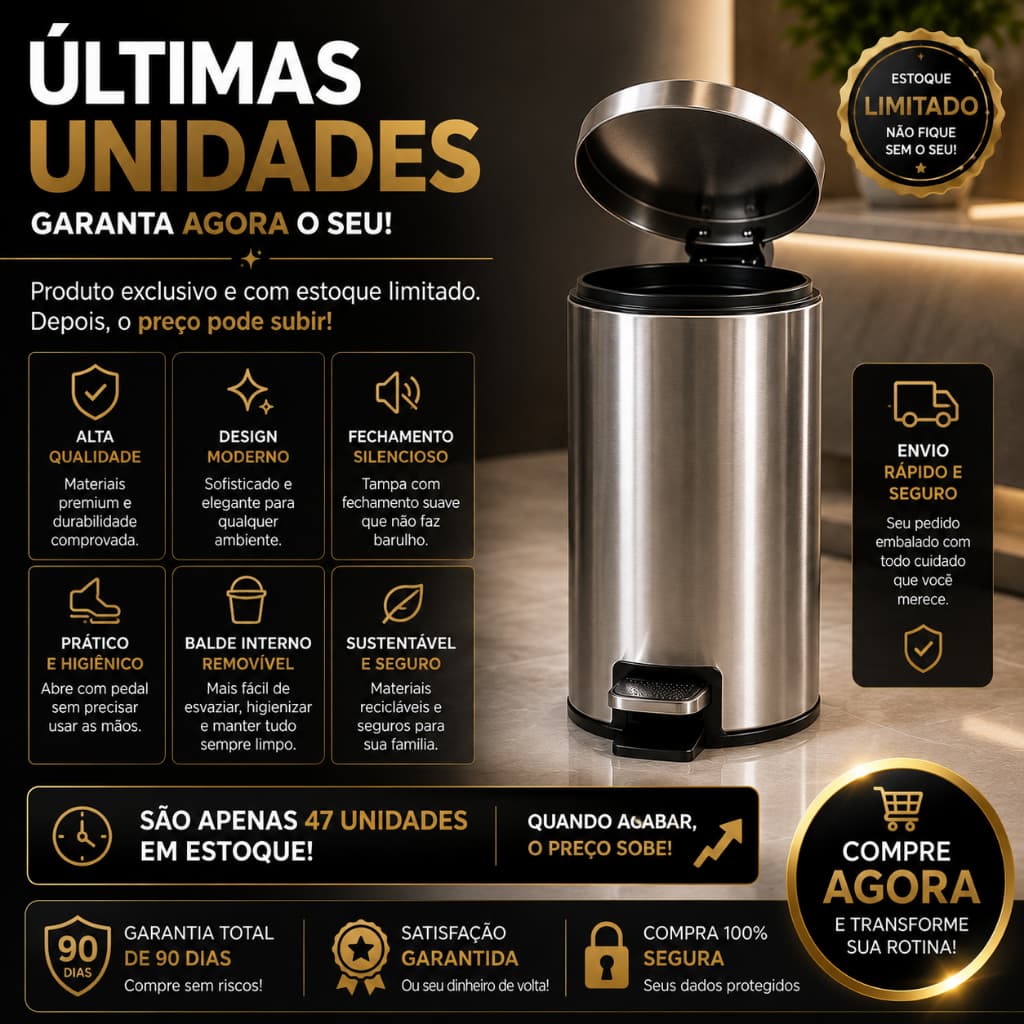 Lixeira Inox 5 Litros Slim com Pedal | Lixeira de Metal para Cozinha Banheiro Lavabo Escritório | Design Moderno