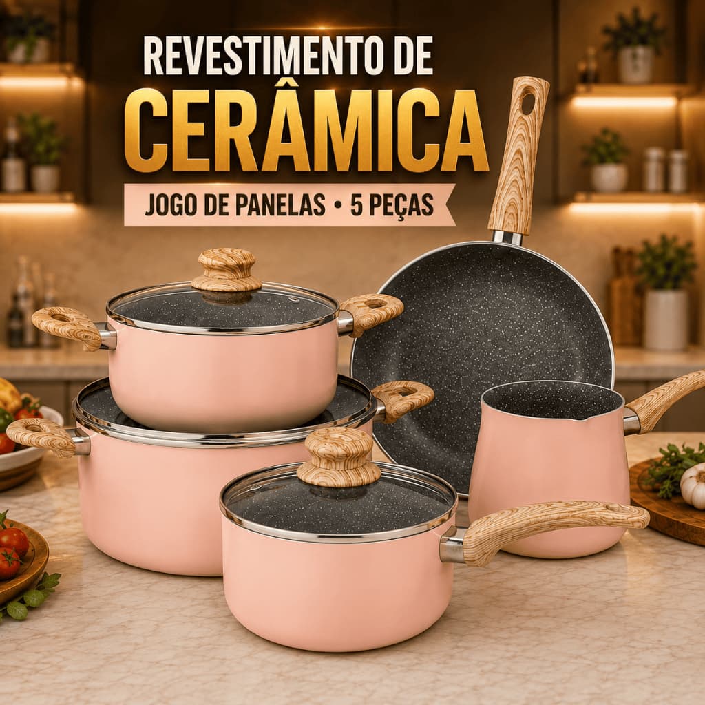 Jogo De Panelas Rosa 5 Peças Antiaderente Cerâmica Indução Gás Fundo Triplo
