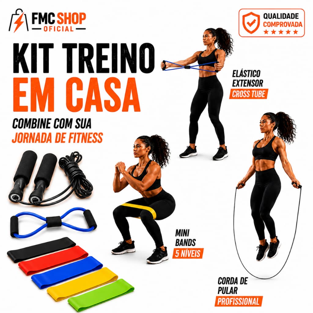 Kit Treine Em Casa Completo Elástico Extensor Cross + Corda de Pular + Kit com 5 Faixa Mini Band