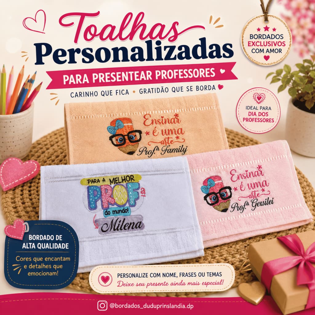 Kit com 1, 2 ou 4 Toalhas de Mão/Lavabo com Bordado Personalizado para Professores | Presente Especial com Frase e Nome