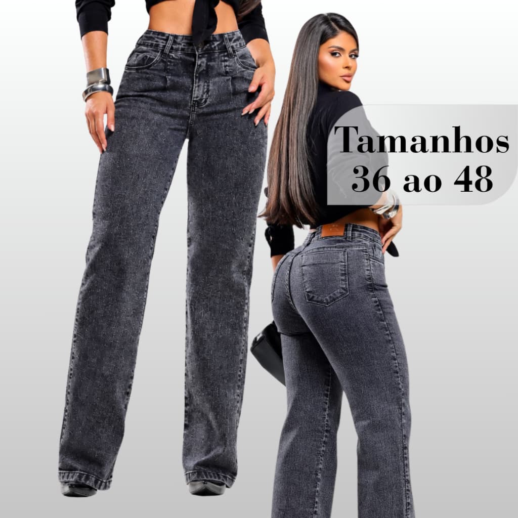 Calça Jeans Feminina Wide Leg Preto Marmorizada Cintura Alta Com Elastano Premium LUXO