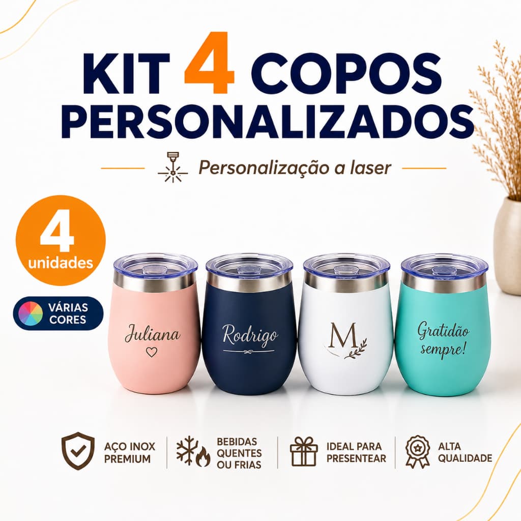 *Kit 4 Copos Térmicos Cuia Personalizados Laser Inox Brinde Exclusivo Presente Premium*