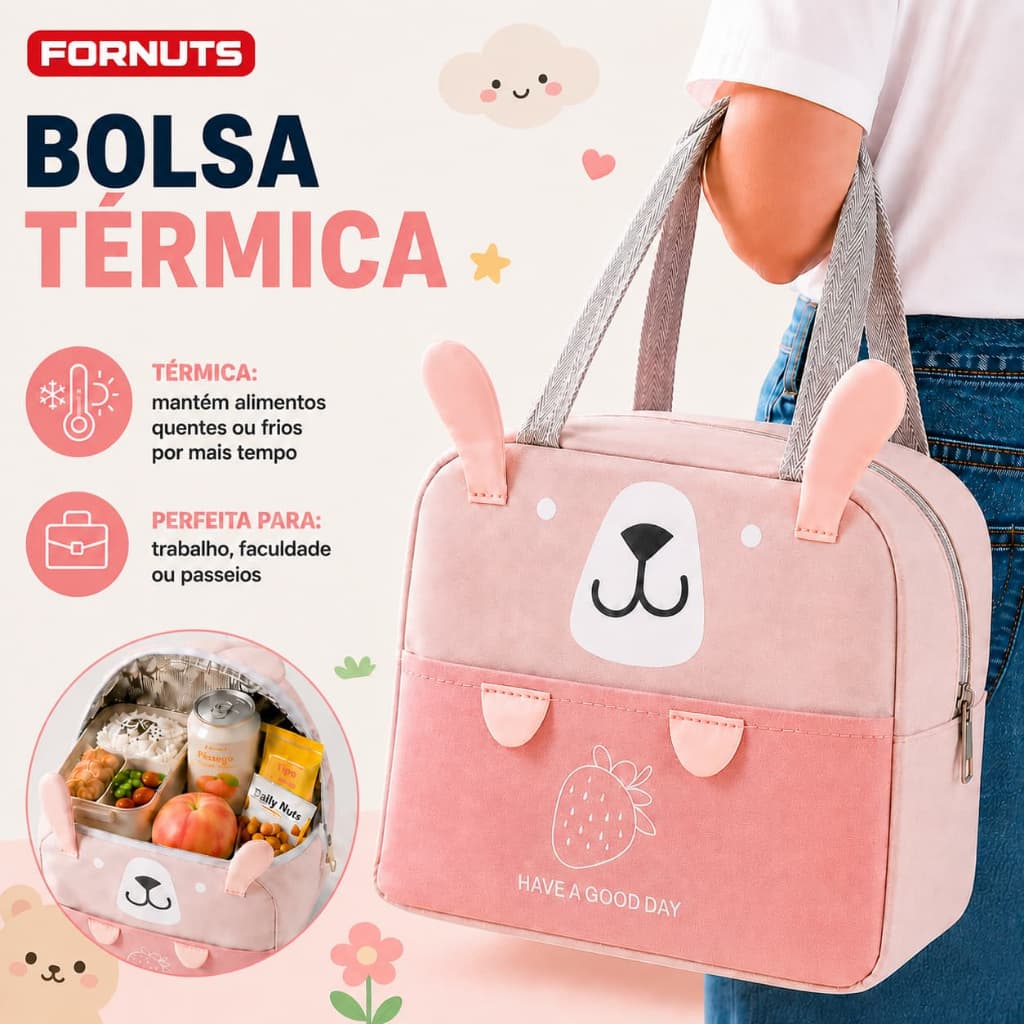 FORNUTS Lancheira Térmica Infantil Bolsa Térmica Escolar Menina Coelho Porta Marmita Lanche para Escola Passeio Portátil