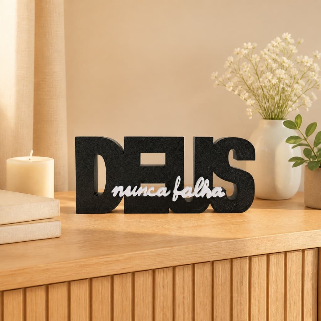 Letreiro Decorativo Deus Nunca Falha Enfeite Religioso para Decoração Sala Rack Estante Mesa Prateleira Casa Escritório
